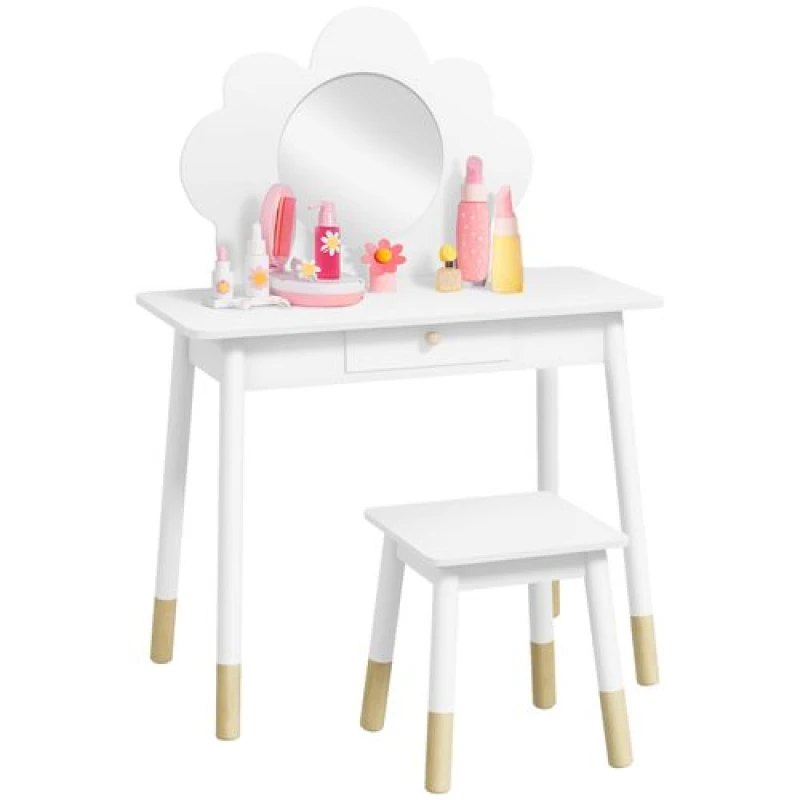 Image of Aiyaplay Kids Dressing Table With Mirror And Stool, Drawer, Cloud Design, White 316-014V80WT