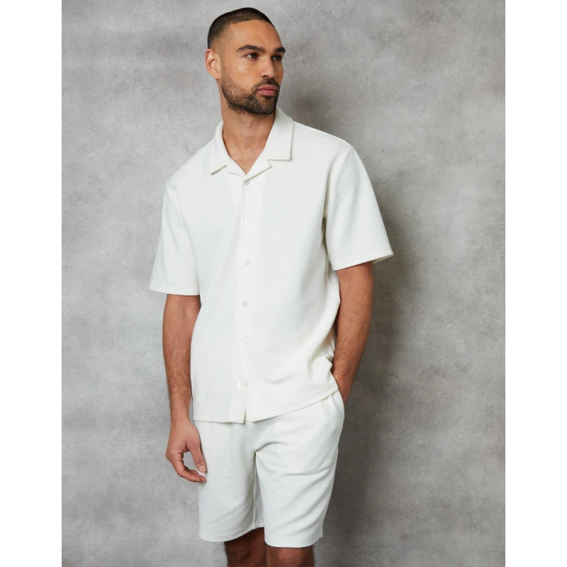 Image of Threadbare Mens Embley Short-Sleeve Patterned Shirt Ecru male X Large