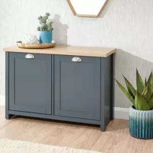 Image of Slate Blue Oak Top Shoe Storage Cabinet 2 Door Cupboard Two Tone Hallway Unit
