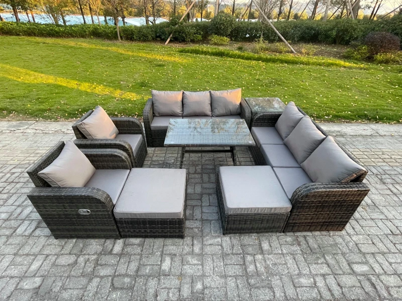 Image of Fimous Outdoor Lounge Sofa Set Wicker PE Rattan Garden Furniture Set with Rectangular Dining Table Side Table 2 Big Footstool Dark Grey Mixed Dark Gre