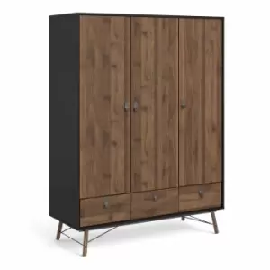Image of Ry Wardrobe 3 Doors And 3 Drawers In Matt Black Walnut