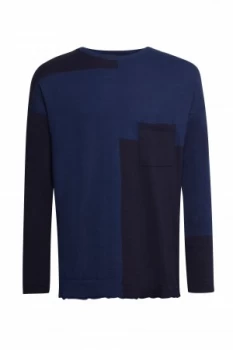 Image of Mens French Connection Indigo Patchwork Knit Jumper Blue