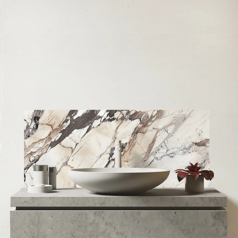 Image of Warren Reed - Designer Off White Marble Effect Glass Bathroom Splashback in Gold Gold Unisex