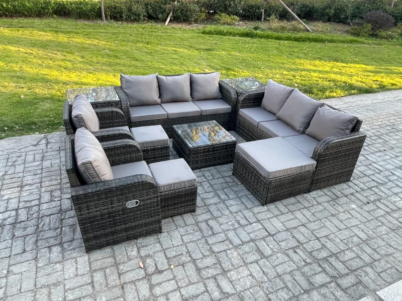 Image of Fimous High Back Rattan Garden Furniture Set with Square Coffee Table 3 Footstools 2 Side Tables Indoor Outdoor Patio Lounge Sofa Set Dark Grey
