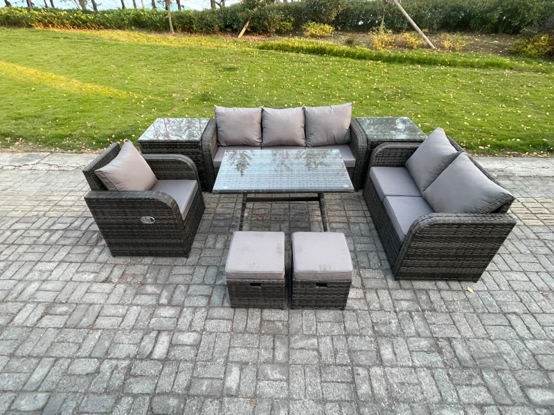 Image of Fimous 8 PCS Outdoor Lounge Sofa Set Wicker PE Rattan Garden Furniture Set with Rectangular Dining Table Armchair 2 Small Footstools Dark Grey