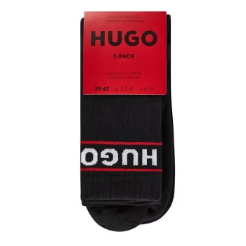 Image of HUGO 2 Pack Ribbed Logo Crew Socks - Black
