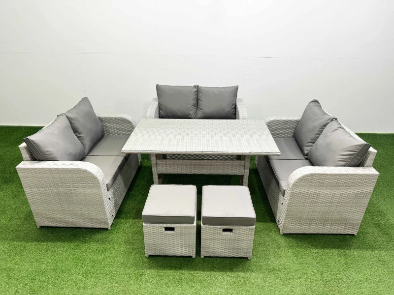 Image of Fimous 8 Seater PE Wicker Rattan Furniture Sofa Sets with Rectangular Dining Table 2 Seater Love Sofa 2 Stool Light Grey Light Grey