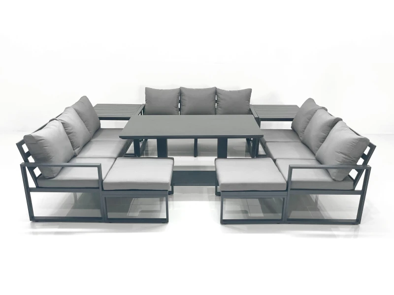 Image of Fimous 11 Seater Garden Sofa Set Aluminium Furniture Rising Dining Tabe Set with 2 Side Tables 2 Big Footstools Dark Grey Dark Grey Unisex