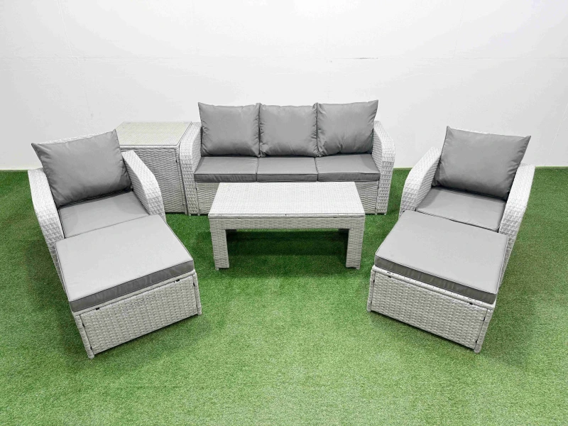 Image of Fimous PE Rattan Garden Furniture Set Reclining Chair Sofa Lounge Sofa Set Rectangular Coffee Table Side Table 2 Big Footstool Light Grey Light Grey