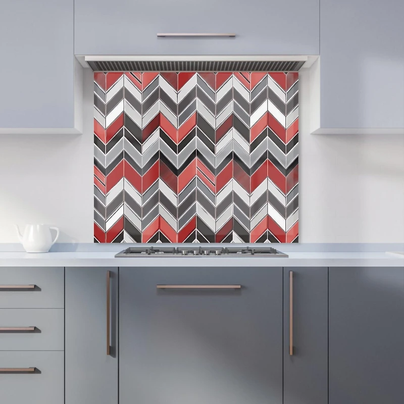 Image of Warren Reed - Designer Red Grey Geometric Pattern Kitchen Splashback Size: 700mm x 750mm Grey Unisex 700mm x 750mm