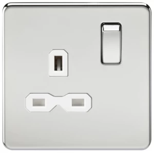 Image of KnightsBridge 1G DP 13A Screwless Polished Chrome 230V UK 3 Pin Switched Electrical Wall Socket - White Insert