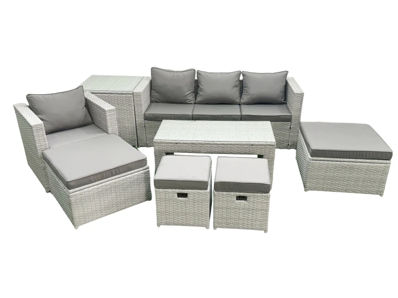 Image of Fimous Rattan Garden Furniture Set Outdoor Lounger Sofa with Coffee Table 4 Footstools Side Table Light Grey Mixed 8 Seater Light Grey
