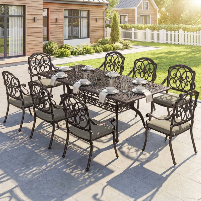 Image of OUTSUNNY 9 Piece Cast Aluminium Garden Dining Set with Cushions, Bronze Tone Bronze Unisex