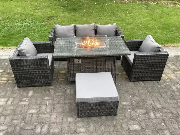 Image of Fimous 5 Seater Outdoor Dark Grey Rattan Lounge Complete Sofa Set with Gas Fire Pit and Big Footstool