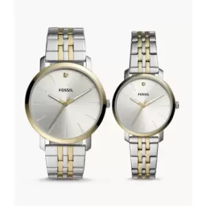 Image of Fossil His And Her Lux Luther Three-Hand Two-Tone Stainless Steel Watch Gift Set - 2T Silver/Gold