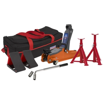 Image of Trolley Jack 2tonne Low Entry Short Chassis & Accessories Bag Combo - Orange
