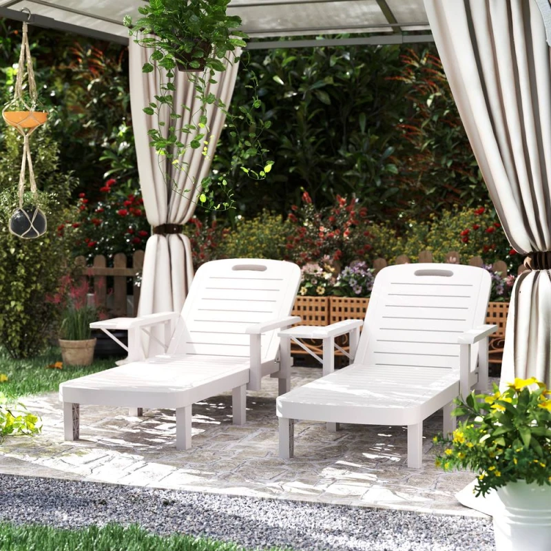 Image of Outsunny Set of 2 Resin Reclining Sun Loungers for Garden, White 84G-789V01WT