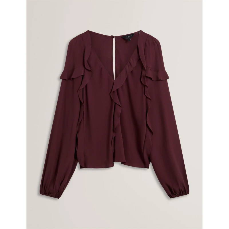 Image of Ted Baker Womens Long-Sleeve Frill Blouse Oxblood female 8 (XS)