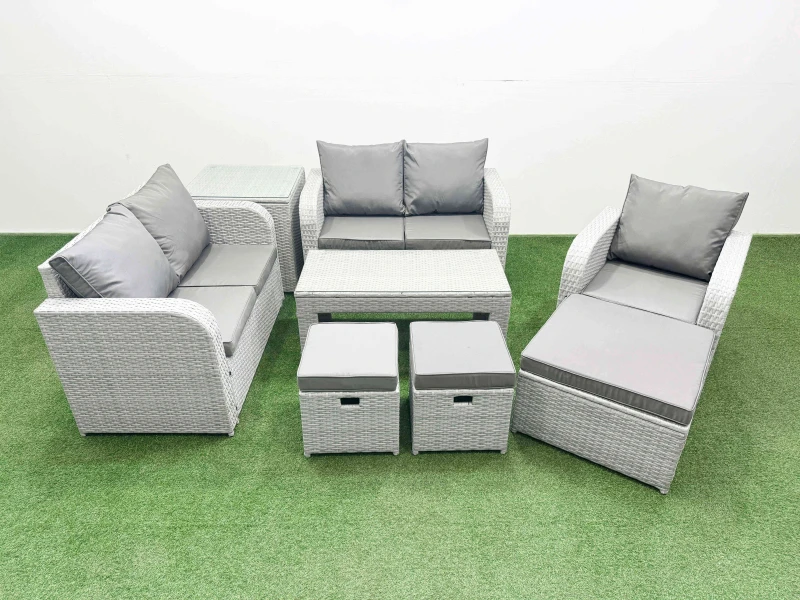 Image of Fimous High Back Poly Rattan Garden Furniture Set with Reclining Chair Loveseat Sofa Oblong Coffee Table Indoor Outdoor Patio Set 3 Stools Side Table