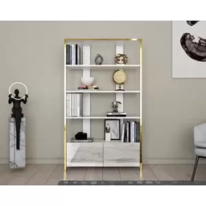 Image of Elena 4-tier Bookcase with Two Cabinets White White Marble Effect - Decorotika