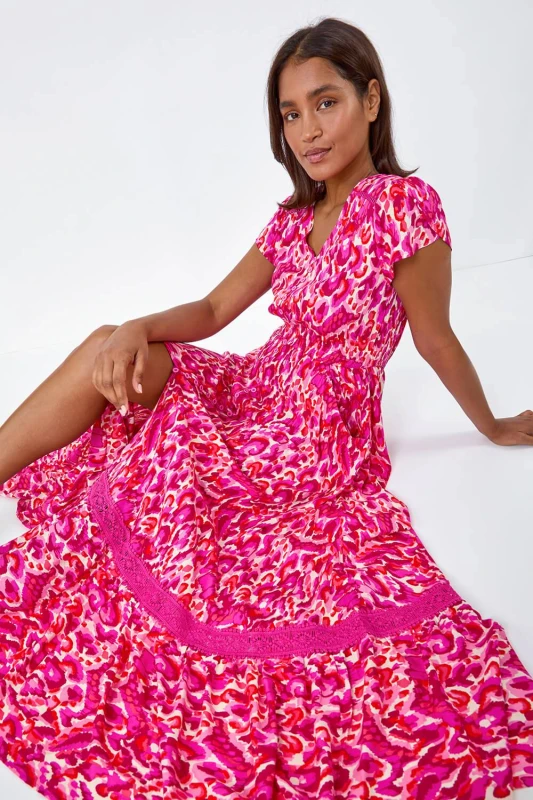 Image of Roman Abstract Print Shirred Waist Maxi Dress Pink