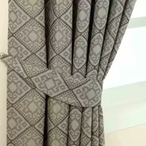 Image of HOMESCAPES Grey Aztec Jacquard Curtain Tie Back Pair - Grey and Silver