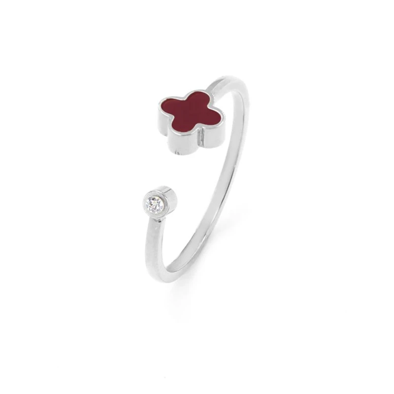 Image of Say It With Plum Crystal Clover Ring - Silver Size: Adjustable Silver Unisex Adjustable
