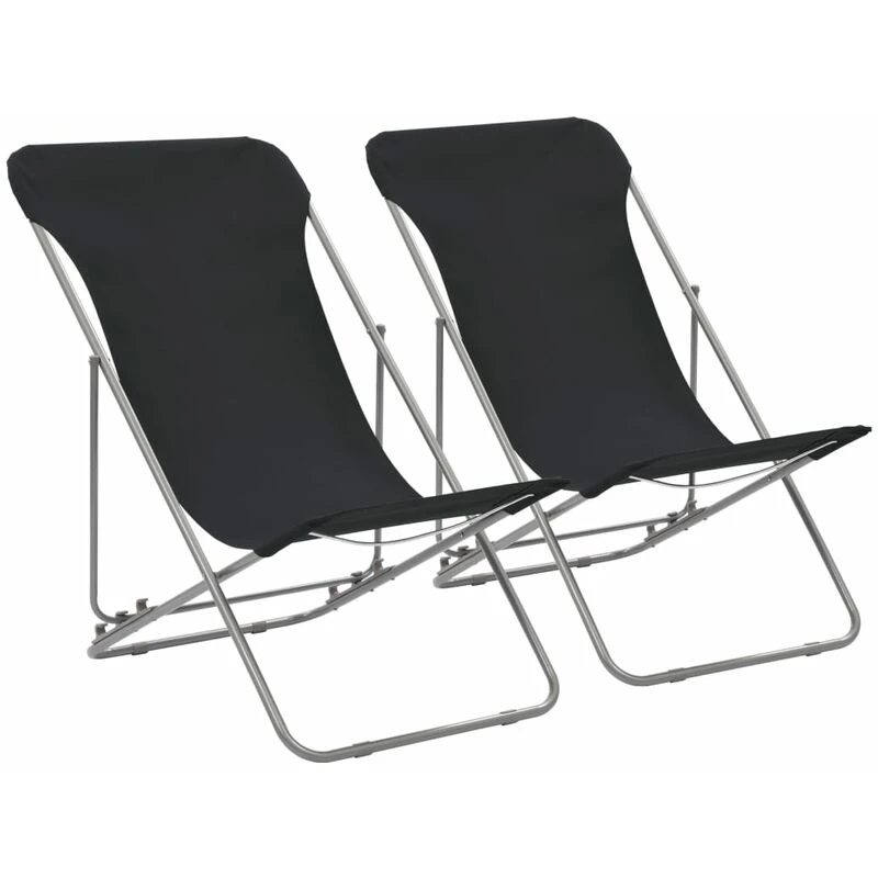 Image of vidaXL 2x Folding Beach Chair Black Steel and Oxford Fabric Pool Camping Seat
