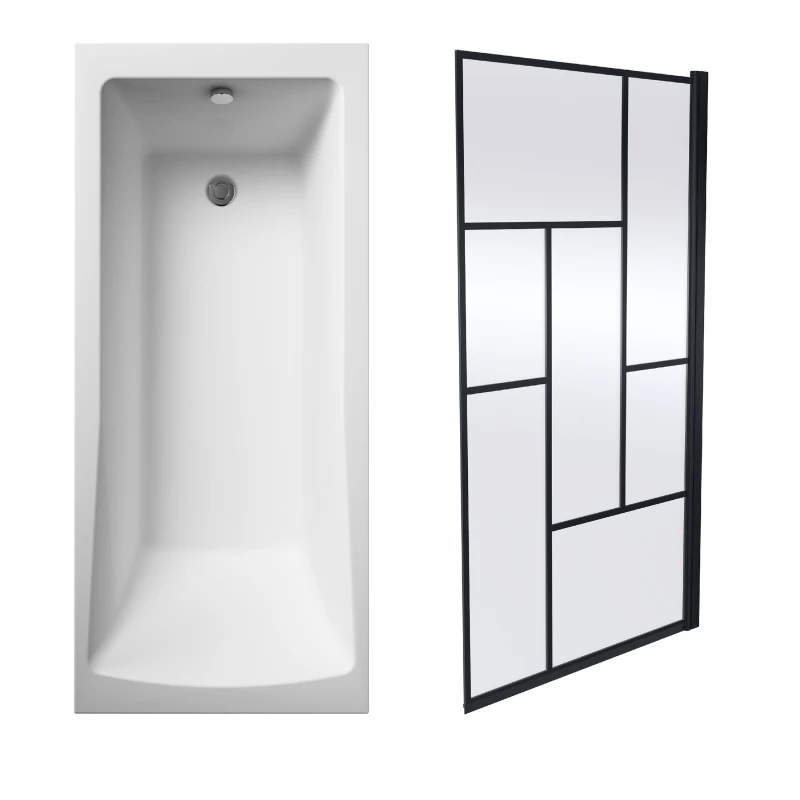 Image of Balterley Square Single Ended Bath and Abstract Black Bath Screen 1700 x 700mm Black