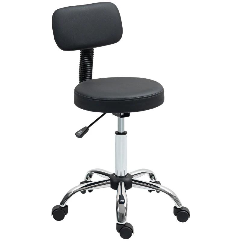 Image of HOMCOM Rolling Stool with Backrest, Wheels, Faux Leather Salon Chair Black
