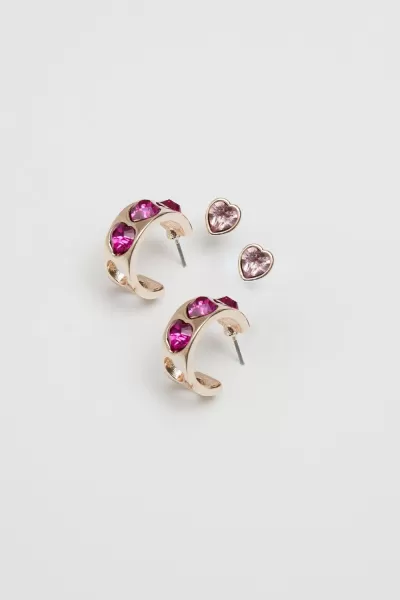 Image of Rose Gold and Fuchsia Pink Heart Stud And Hoop Earrings - Pack of 2