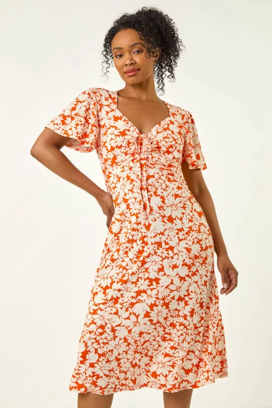 Image of Roman Womens Petite Floral Ruched Midi Dress in Orange Size: 18 Orange Female 18