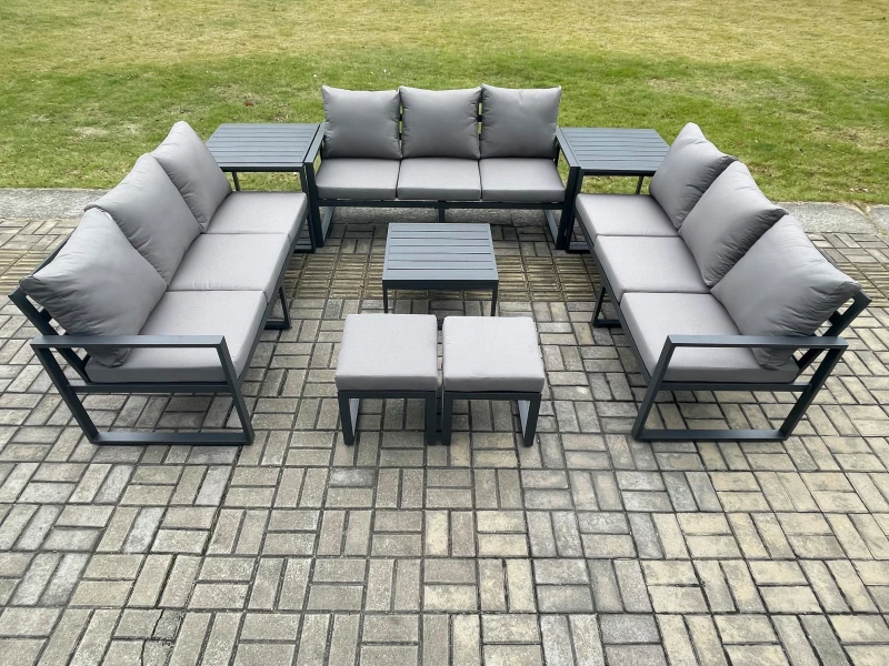 Image of Fimous Aluminium 11 Seater Outdoor Garden Furniture Set Patio Lounge Sofa with Coffee Table 2 Side Tables 2 Small Footstools Conservatory Set Dark Gre