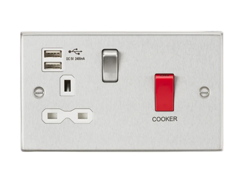 Image of KnightsBridge 45A DP Switch & 13A Switched Socket Dual USB Charger 2.4A - Brushed Chrome with white insert CS8333UBCW