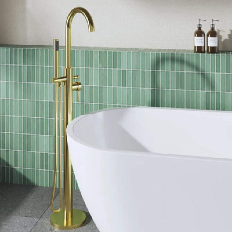 Image of nuie Aztec Tec Floor Standing Bath Shower Mixer - Brushed Brass, Brown CLX821
