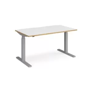 Image of Height Adjustable Desk Rectangular Desk 1400mm White/Oak Tops With Silver Frames 800mm Depth Elev8 Touch