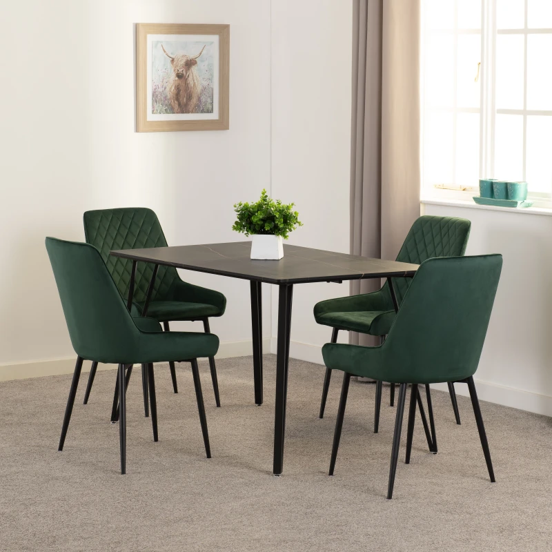 Image of Seconique Marlow & Avery Dining Set (x4 Chairs) - Black Marble/Emerald Green Velvet, Black 400-401-355
