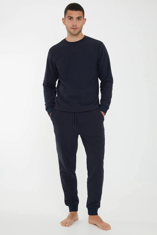 Image of Threadbare Threadbare Men 'Fentun' Waffle Textured Fleece Loungewear Set in Navy Size: Medium Navy M Male 7625915006386