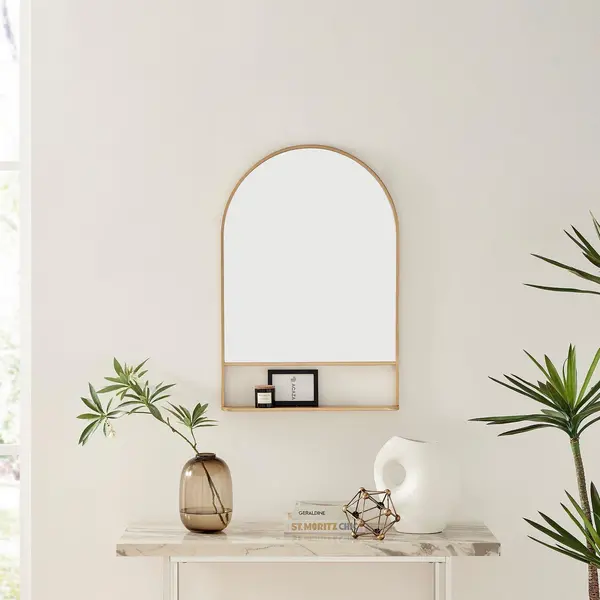 Image of FurnitureboxUK Dara Metal Arch Minimalist Framed Wall Mirror with Shelf Gold