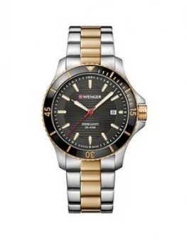 Image of Wenger Swiss Made Seaforce Black and Gold Detail 43mm Date Dial Two Tone Stainless Steel Bracelet Mens Watch, One Colour, Men