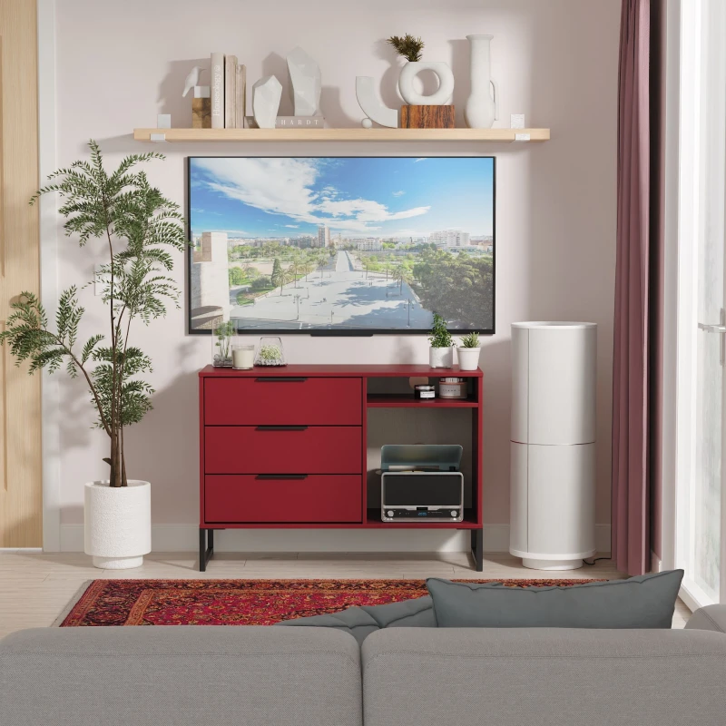 Image of Ready Assembled 2 U Fuji 3 Drawer TV Unit (Ready Assembled) in Dark Red Dark Red Unisex