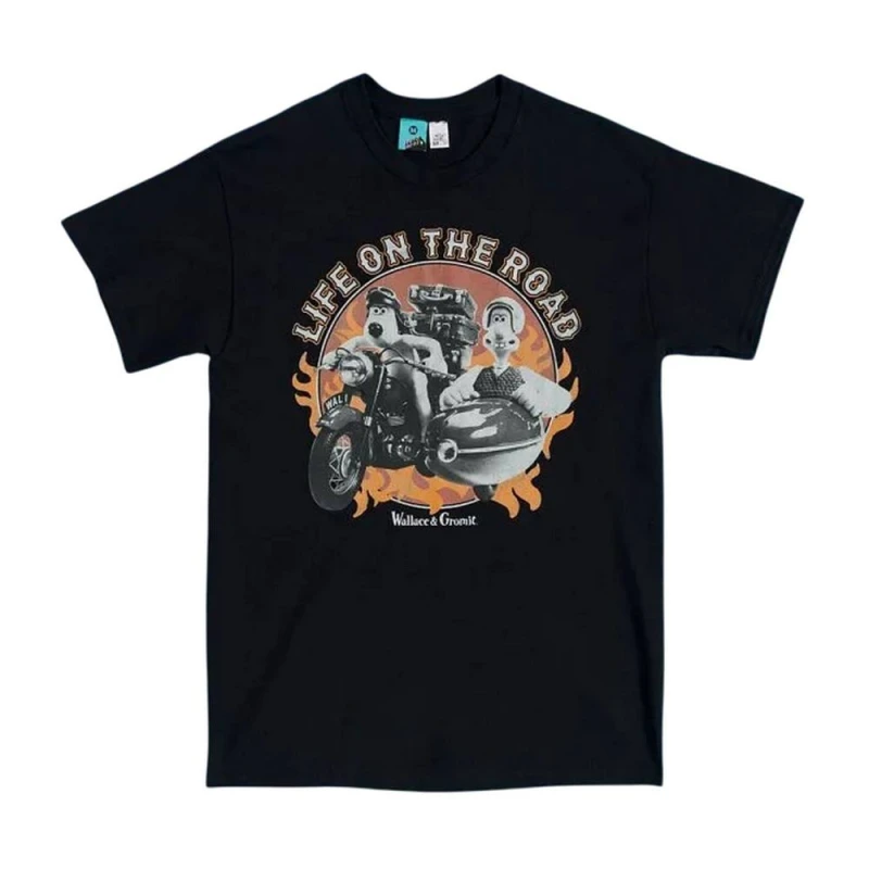 Image of Wallace & Gromit Mens Life On The Road Biker Back Print T-Shirt in Black Size: Medium Black Male M