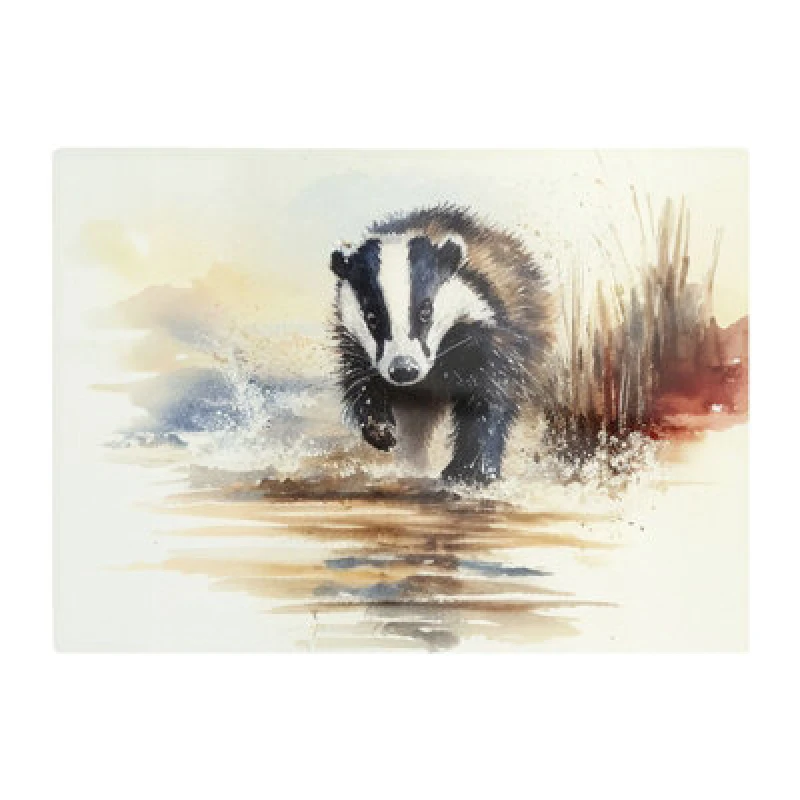 Image of Warren Reed Designer Wading Badger Watercolour Glass Chopping Board