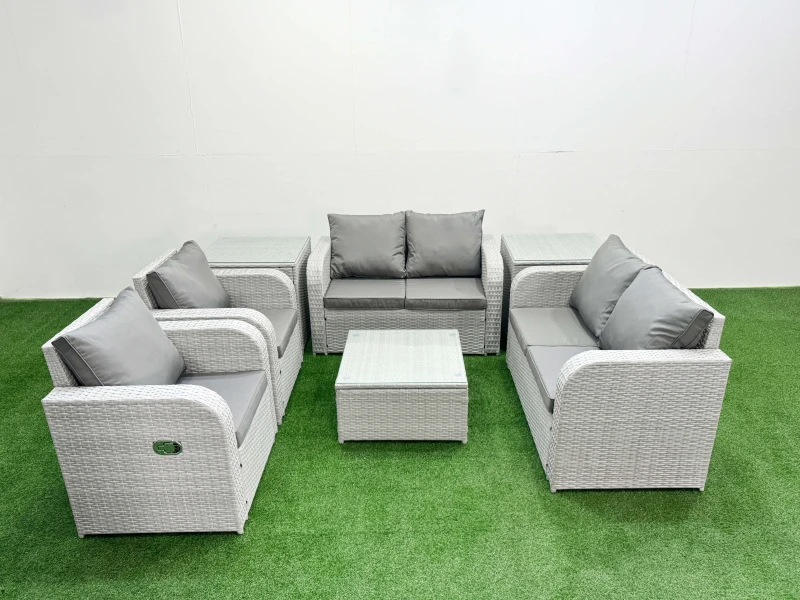 Image of Fimous 6 Seater Outdoor Reclining Chair Love Sofa Set Rattan Garden Furniture Set with Square Coffee Table 2 Side Tables Light Grey Light Grey