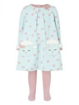 Image of Monsoon Baby Girls Organic Lamb Dress And Tights - Aqua, Size 12-18 Months