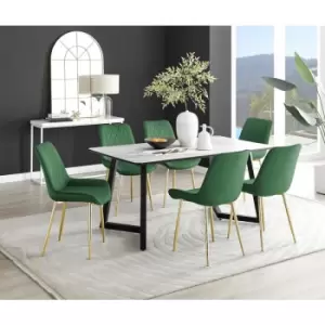 Image of Furniturebox UK - Furniturebox Carson White Marble Effect Rectangular 160cm Dining Table & 6 Green Pesaro Gold Leg Velvet Chairs