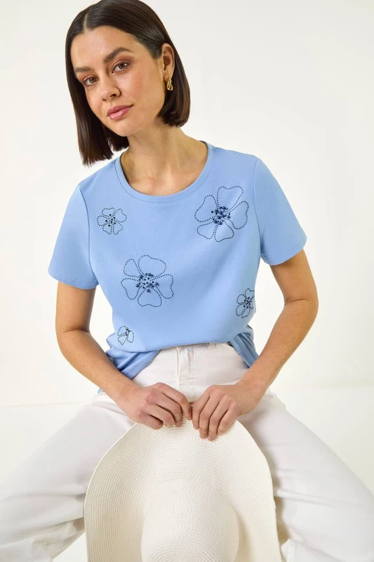 Image of Roman Womens Embellished Flower Cotton T-Shirt in Blue Size: 14 Blue Female 14