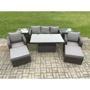 Image of Fimous 5 Seater Outdoor Rattan Dining Sofa Complete Set with Adjustable Table and 2 Big Footstools