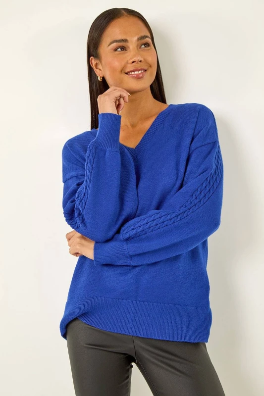 Image of Roman Womens Petite Contrast Sleeve Knit Jumper in Royal Size: 12 Royal Female 12