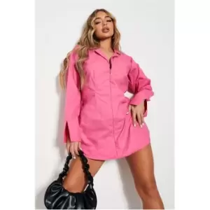 Image of I Saw It First Hot Pink Woven Concealed Zip Long Sleeve Shirt Dress - Pink